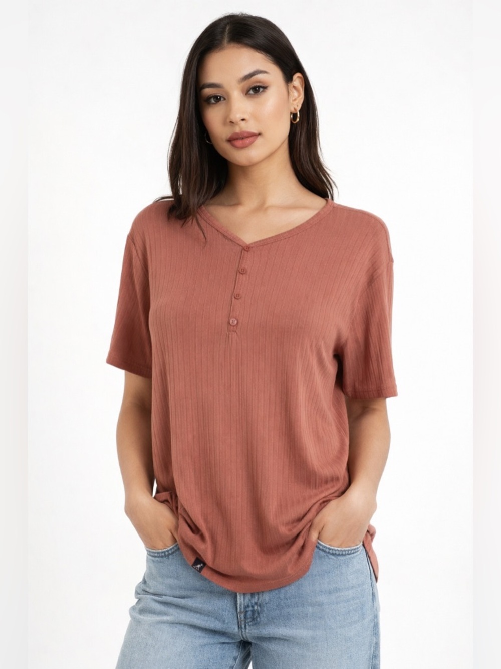 Kangol Ribbed Quarter Button Short Sleeve Top
